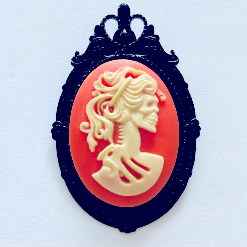 ***Flawed Pink and White Skeleton Lady Cameo Pendant Brooch, Handmade, NWT